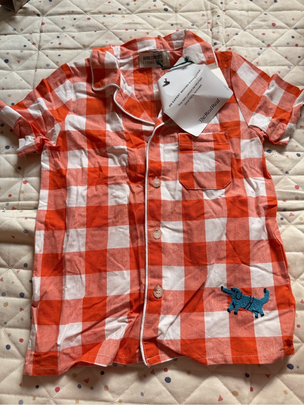 Bobo Choses Orange and White Gingham Button-Front Shirt with Blue Dog Embroidery